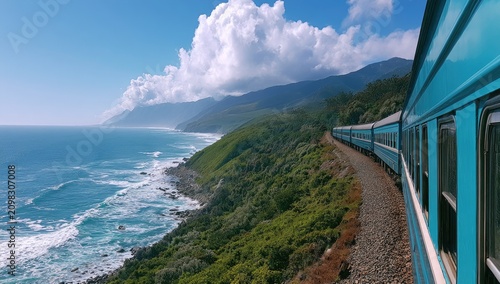 Blue train journeys along a rugged, scenic coastline under a sunny sky