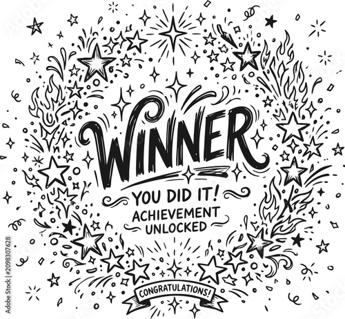 Fotografie Hand-drawn winner typography with stars and confetti, achievement unlocked celeb