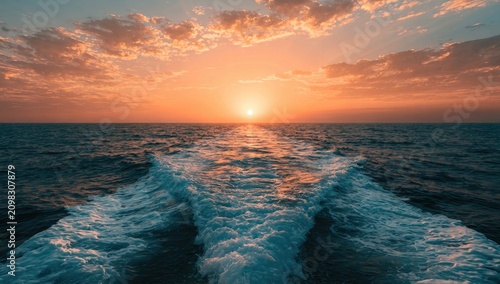 Sun setting over ocean, casting golden light on sea foam wake