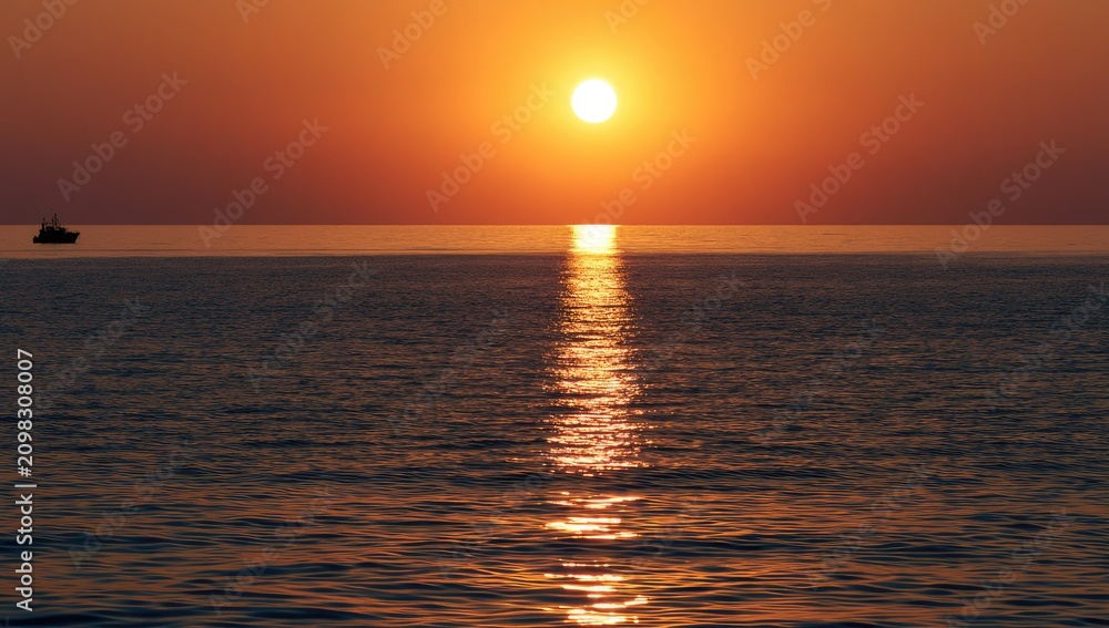 Fototapeta premium Radiant sun sinks below the ocean horizon, casting golden light on waves