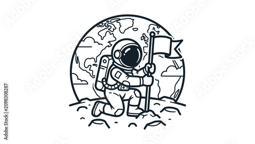 Foto Astronaut Planting Flag on Moon Surface with Earth Background - Vector Art
