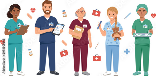 Obraz na płótnie Diverse medical professional healthcare team vector illustration set featuring d