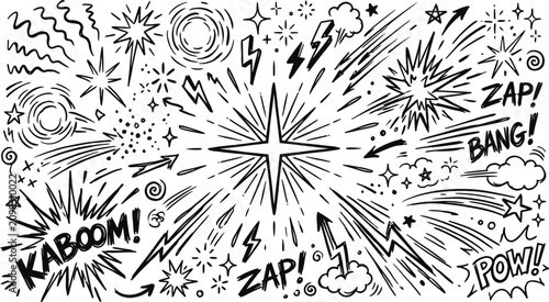 Fotografie Comic explosion doodle set, hand drawn pop art action elements with zap and bang