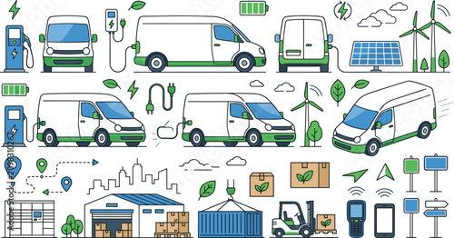 Electric delivery van and green logistics vector illustration set with renewable solar energy charging stations and warehouse infrastructure for sustainable transport marketing