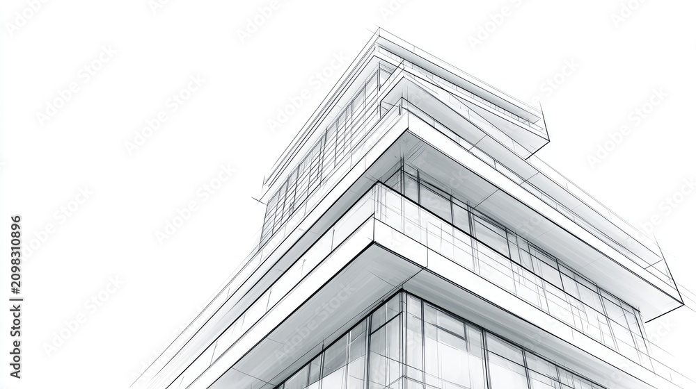 Fototapeta premium Modern angular skyscraper sketch with clean lines and glass facades