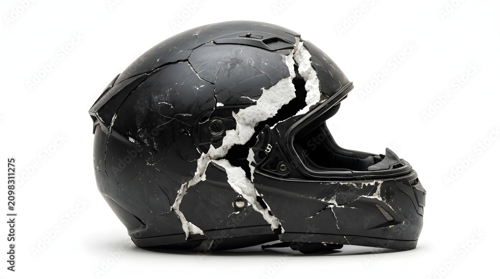 Fototapeta premium Cracked motorcycle helmet showing damage and the importance of safety