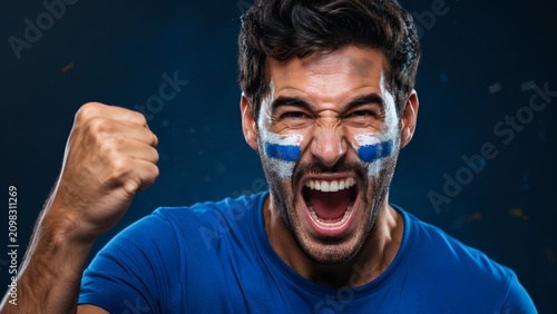 Excited Male Soccer Fan With Blue Face Paint Cheering And Fist Raised