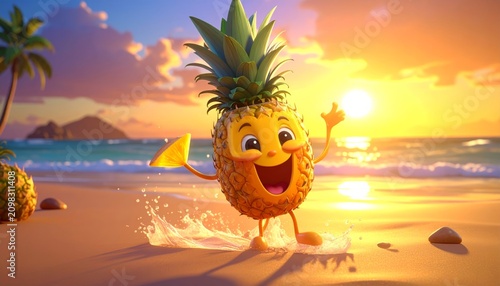 A cheerful cartoon pineapple on a beach.