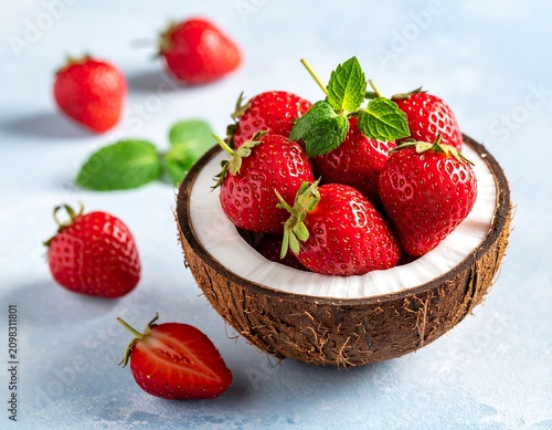 A halved coconut shell filled with fresh strawberries on a light blue surface