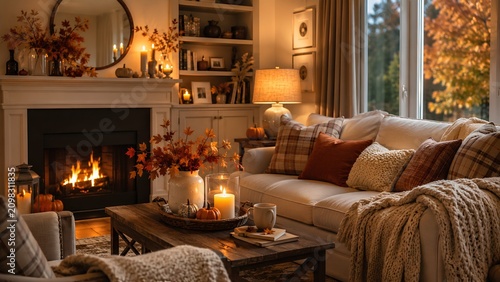 Cozy Autumn Living Room With Fireplace and Pumpkins