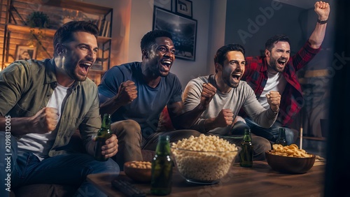 Excited Friends Watching Soccer Game on Television
