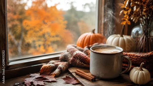 Pumpkin Spice Coffee by Window With Autumn Decor