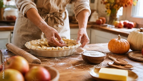 Hands Preparing Homemade Apple Pie in Autumn Kitchen