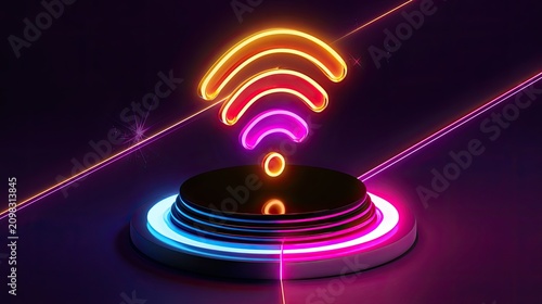 Vibrant neon Wi-Fi symbol glows on a futuristic platform with laser lines