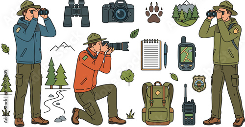 Photos National park ranger and wildlife photographer vector illustration set with hik