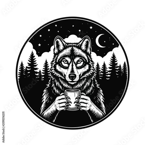 Wolf Holding Coffee Mug Outdoors.