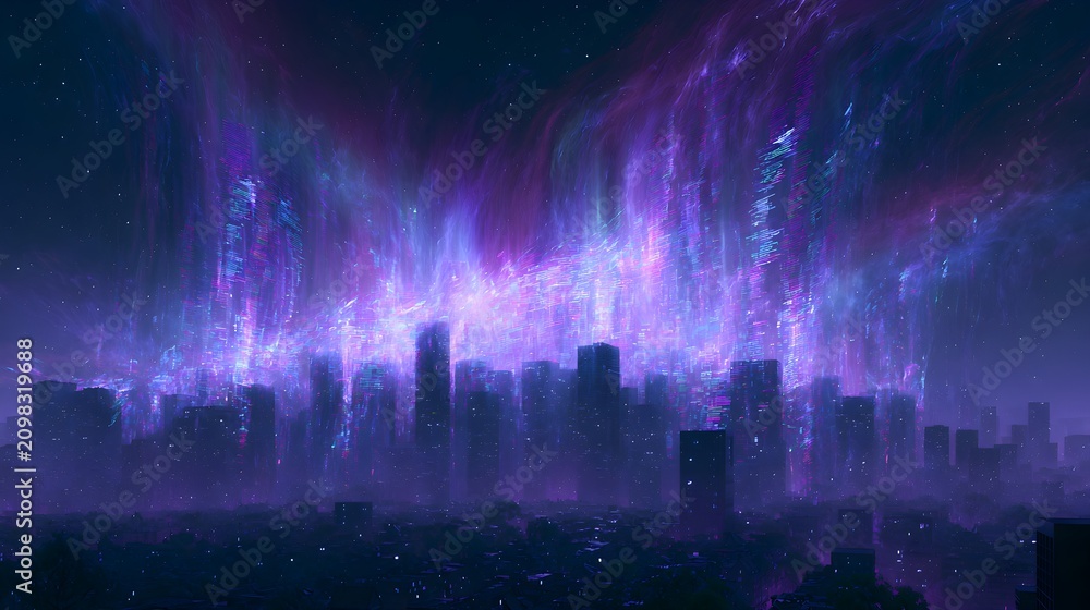 Fototapeta premium Abstract Futuristic Technology Concept with Vibrant Purple and Blue Digital Data Aurora Streaming Over Cyberpunk Megacity Skyline under Starry Night Sky