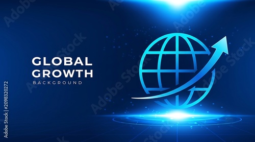 Global growth vector banner with abstract blue digital earth globe icon and rising up arrow.Futuristic technology background for business presentation, n abstract background with globe