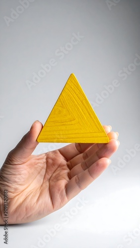 A hand holding a small yellow triangular object