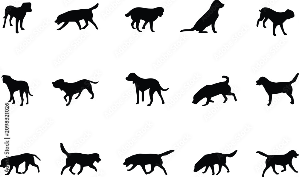 Obraz premium Black vector silhouettes of dogs in diverse poses and movements for design and creative projects