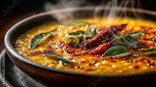 Ultra close-up of Indian dal tadka with golden lentils, sizzling ghee, cumin seeds, dried red chillies, garlic slices, and curry leaves, steaming with rich texture and cinematic warm lighting