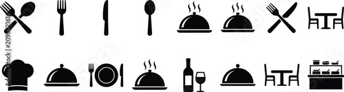 Canvastavla Black silhouette catering icons showing cloche chef hat buffet counter wine tabl