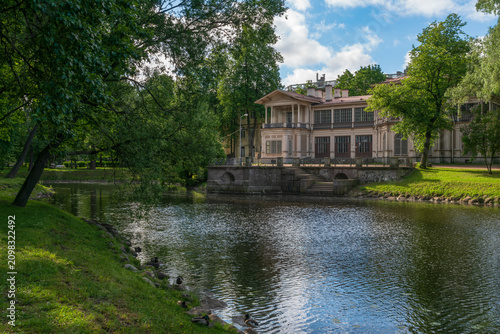 Lopukhin Garden and Gromov's Dacha on the shore of Lopukhin Pond on a sunny summer day, Saint Petersburg, Russia