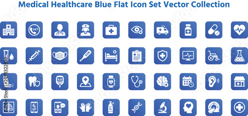Medical Healthcare Blue Flat Icon Set Collection with Hospital Doctor Pharmacy Emergency and Wellness Symbols