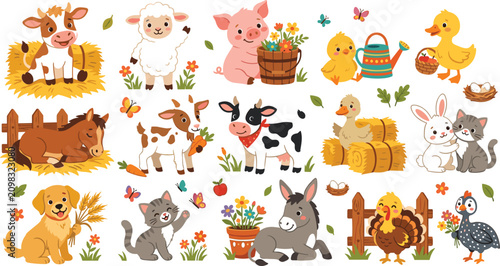 Fotografía Vector illustration set of cute farm animals countryside characters and barnyar