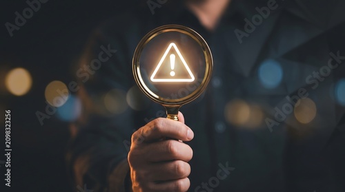 Hand holding magnifying glass over glowing warning exclamation mark icon symbolizing risk management security alert and safety precaution in digital corporate environments