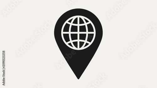 Black location pin icon with a globe inside against a light background