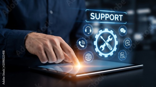 Hand touching digital interface with gear and tool icons representing technical support maintenance and professional service solutions for modern corporate business systems