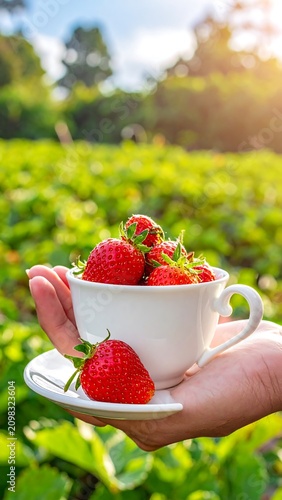A hand holding a white teacup filled with strawberries