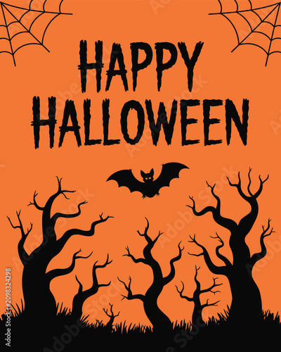 Happy Halloween text with spooky trees and flying bat on an orange background with spiderwebs