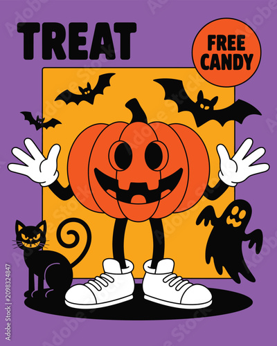 Happy jack o lantern mascot invites people for free Halloween candy and trick or treating