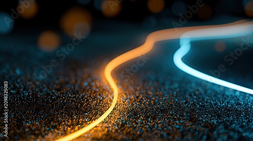Abstract glowing lines of orange and blue light diverge on dark textured surface