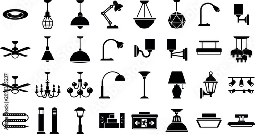 Konstfotografi Modern and vintage home lighting silhouette icons set featuring chandeliers pend