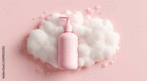 A soft pink dispenser bottle rests on a fluffy cloud of foam