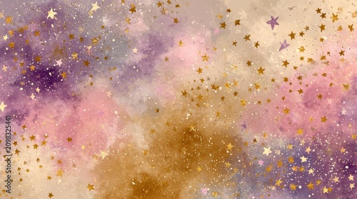 Whimsical watercolor wallpaper with soft creamy yellow background, tiny pastel stars, dots, and glitter in pale pink, purple, gold, and silver, delicate dreamy pattern for decoration