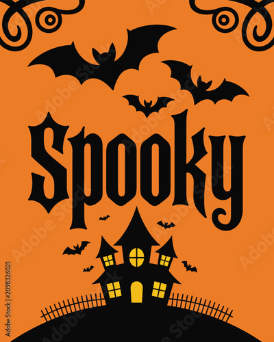 Haunted house on a hill with flying bats and spooky text creates a perfect Halloween atmosphere