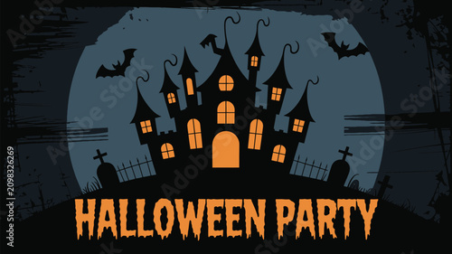 Haunted house silhouette with glowing windows and bats flying under a full moon for Halloween party