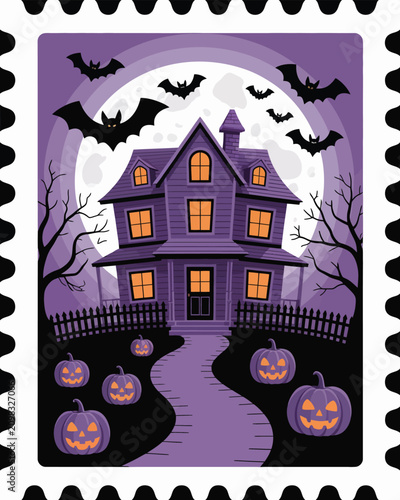 Haunted mansion under a full moon with flying bats, spooky trees, and glowing jack o lanterns