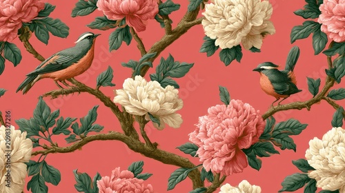 Vibrant floral pattern with birds on branches, featuring peonies