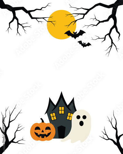 Haunting Halloween illustration featuring a spooky mansion, smiling pumpkin, flying bats, and phantom