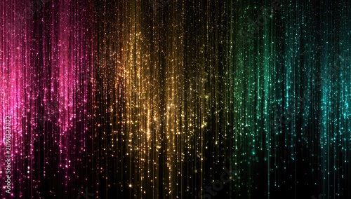 Colorful, shimmering vertical lines of light fall against a dark background