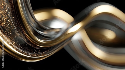 Gleaming metallic ribbons with glittering particles swirl elegantly on black