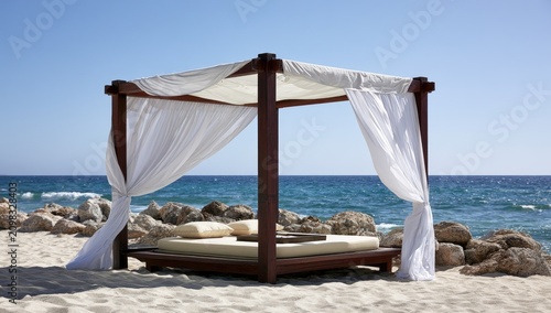 Relaxing canopy bed on a sandy beach with ocean and blue sky