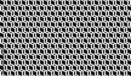 A seamless, high-contrast geometric pattern of repeating black and white isometric, tessellating step or block shapes, creating a 3D optical illusion.