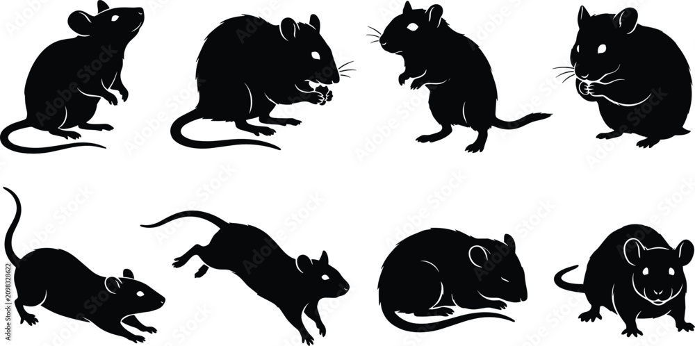 Naklejka premium Mouse Silhouette Collection Featuring Standing Running Sleeping Eating and Alert Rodent Poses Vector Set