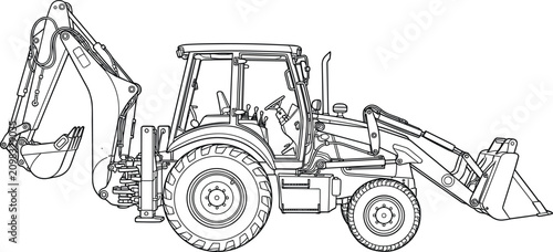 Detailed black outline backhoe loader excavator vector illustration showing machinery profile view for children coloring book pages